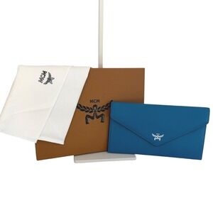 MCM Large Fold Wallet Munich Blue Leather Envelope Continental Wallet NWT Box